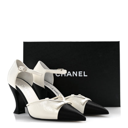 Chanel Crumpled Calfskin Satin Cap Toe CC Pumps 36 White Black 11 of 11