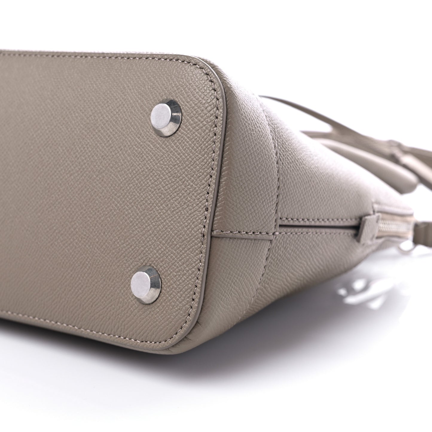 Signature Grained Calfskin Logo S Ville Top Handle Bag Mink Grey White
