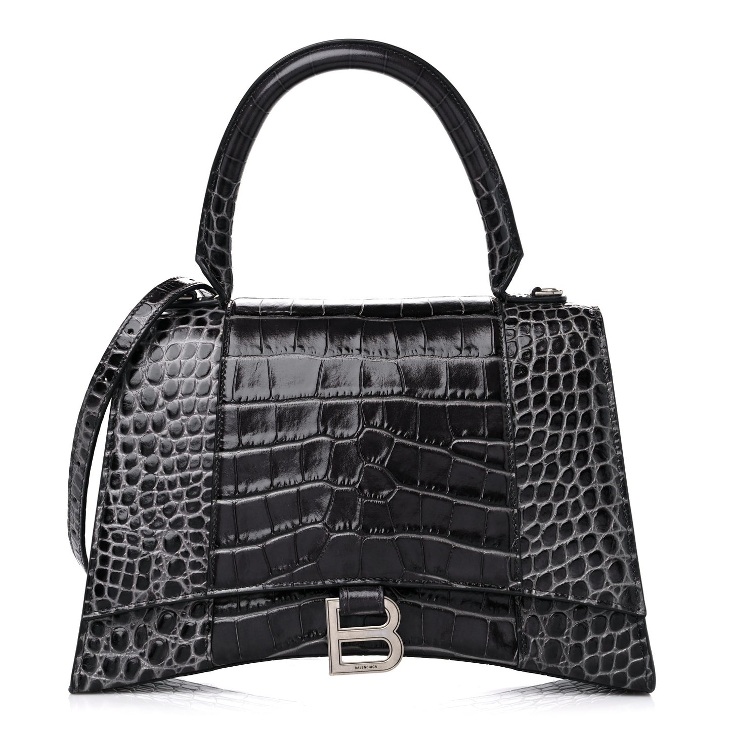 Shiny Calfskin Crocodile Embossed Medium Hourglass Top Handle Bag Dark Grey