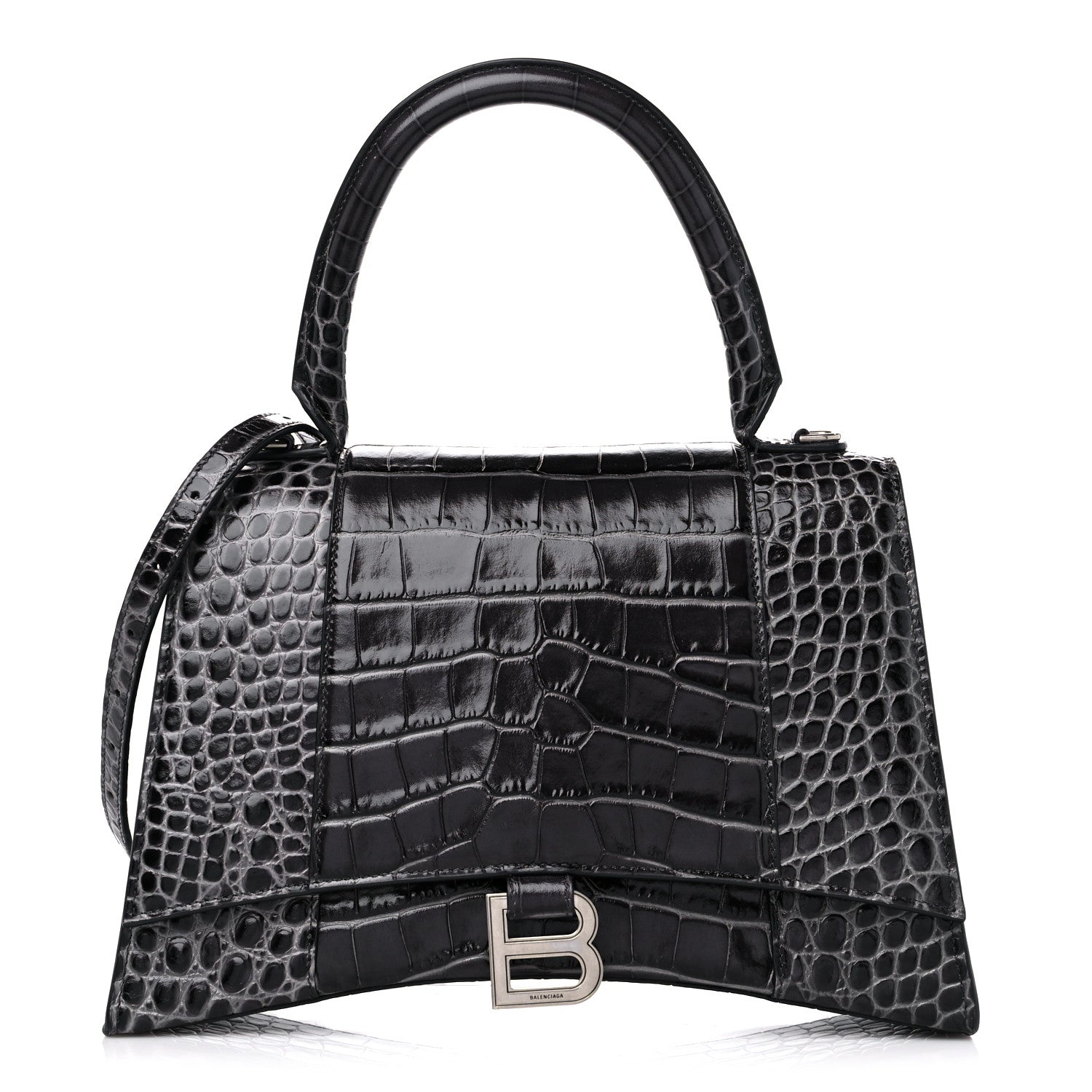 Balenciaga Shiny Calfskin Crocodile Embossed Medium Hourglass Top Handle Bag Dark Grey 1 of 10
