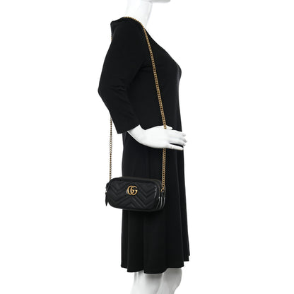 Gucci Calfskin Matelasse Mini GG Marmont Chain Crossbody Bag Black 2 of 16