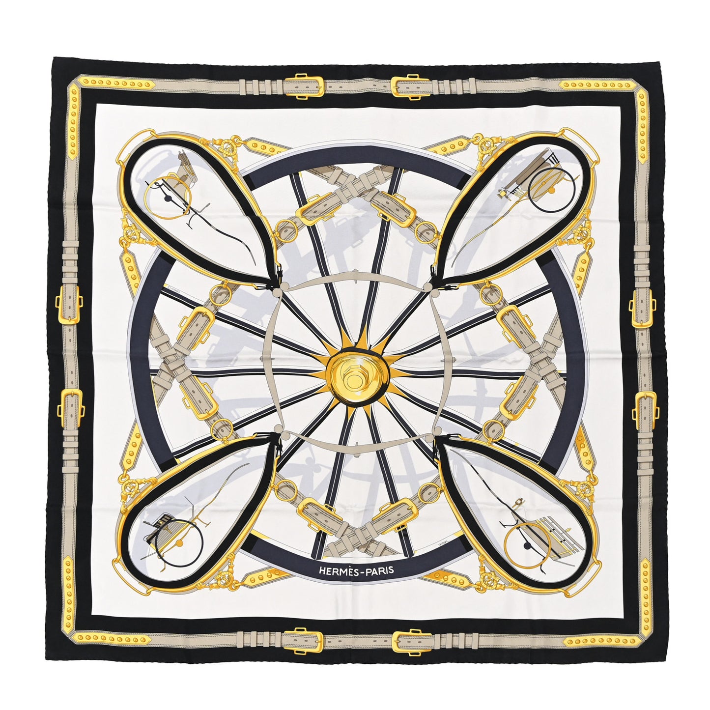 Silk En Roue Libre Scarf 90 White Black Gold