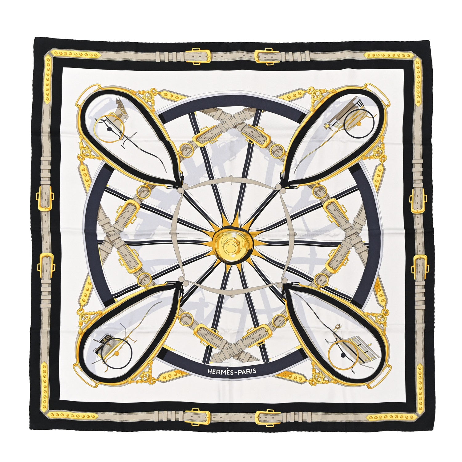 Hermes Silk En Roue Libre Scarf 90 White Black Gold 1 of 11