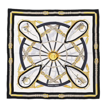 Hermes Silk En Roue Libre Scarf 90 White Black Gold 1 of 11