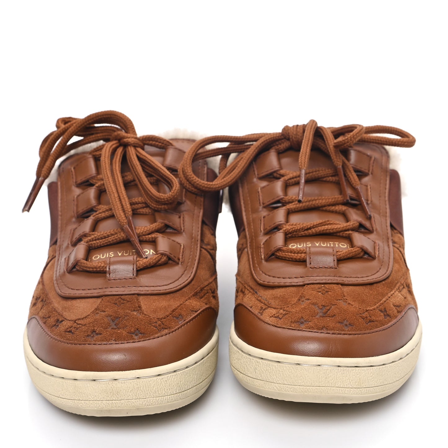 Suede Monogram Debossed Shearling Lous Open Back Sneakers 39 Cognac