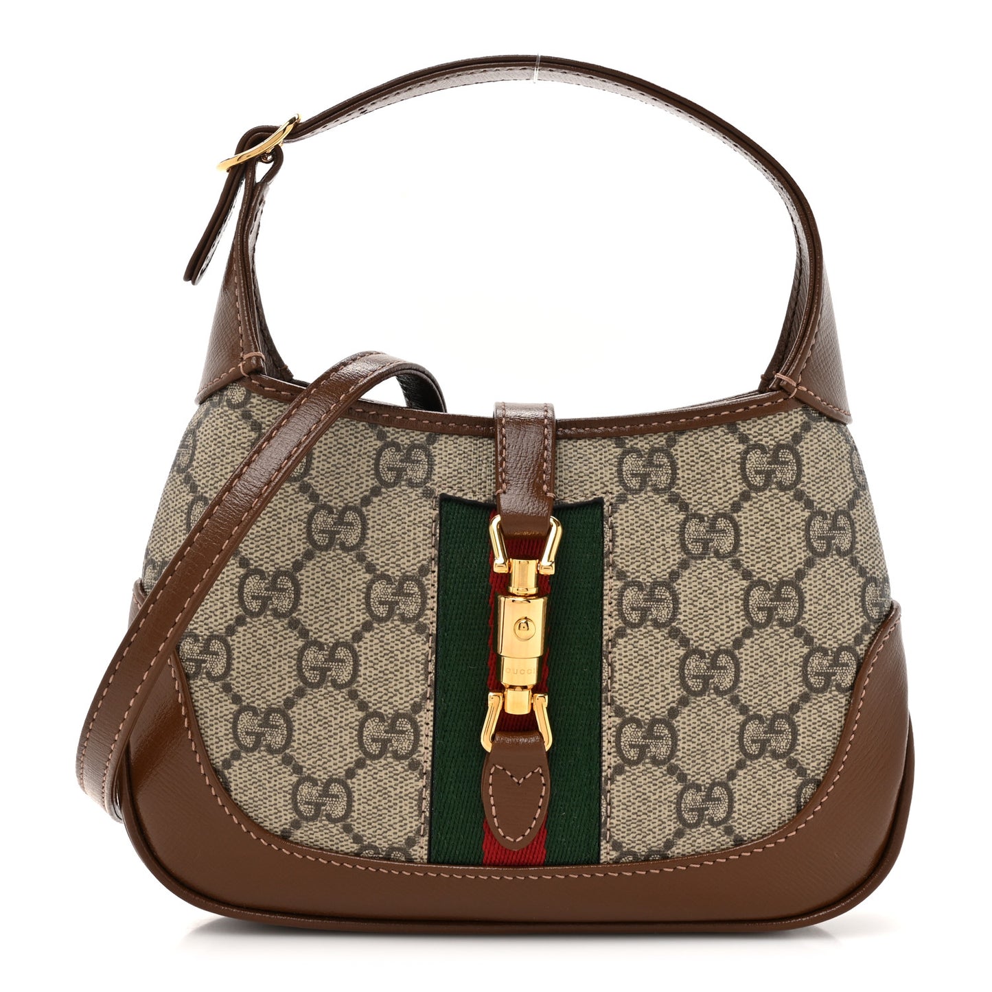 GG Supreme Monogram Azalea Calfskin Web Mini Jackie 1961 Hobo Beige Ebony Brown Sugar