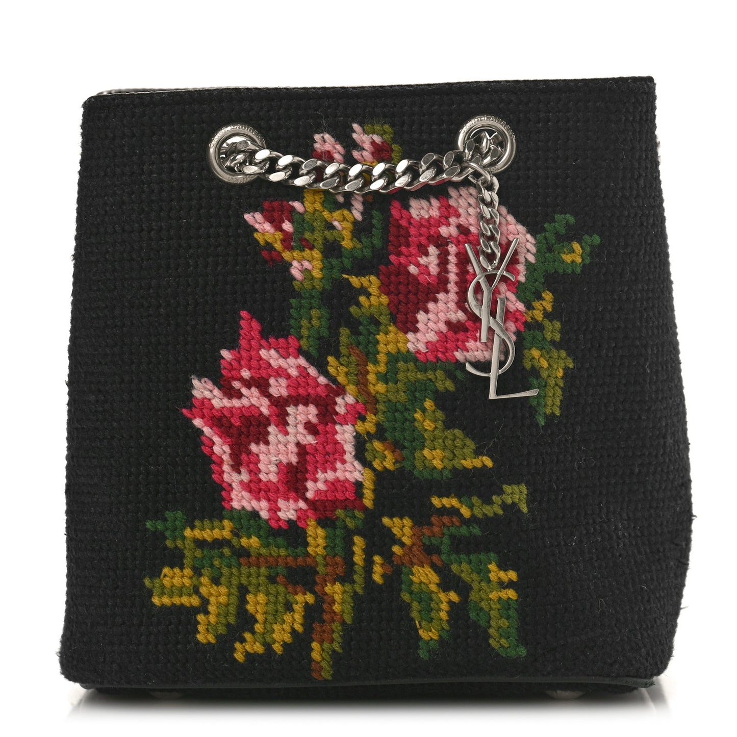 Woven Wool Embroidered Baby Emmanuelle Bucket Bag Black