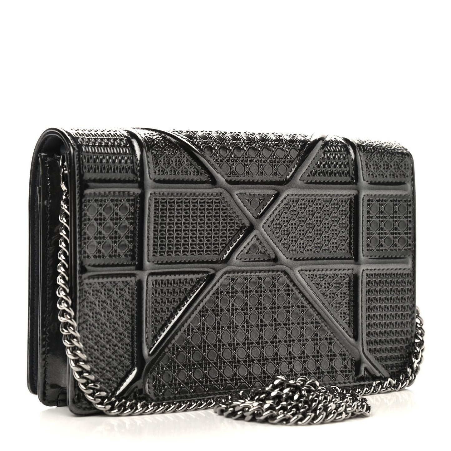Metallic Patent Micro-Cannage Diorama Wallet on Chain Pouch Black