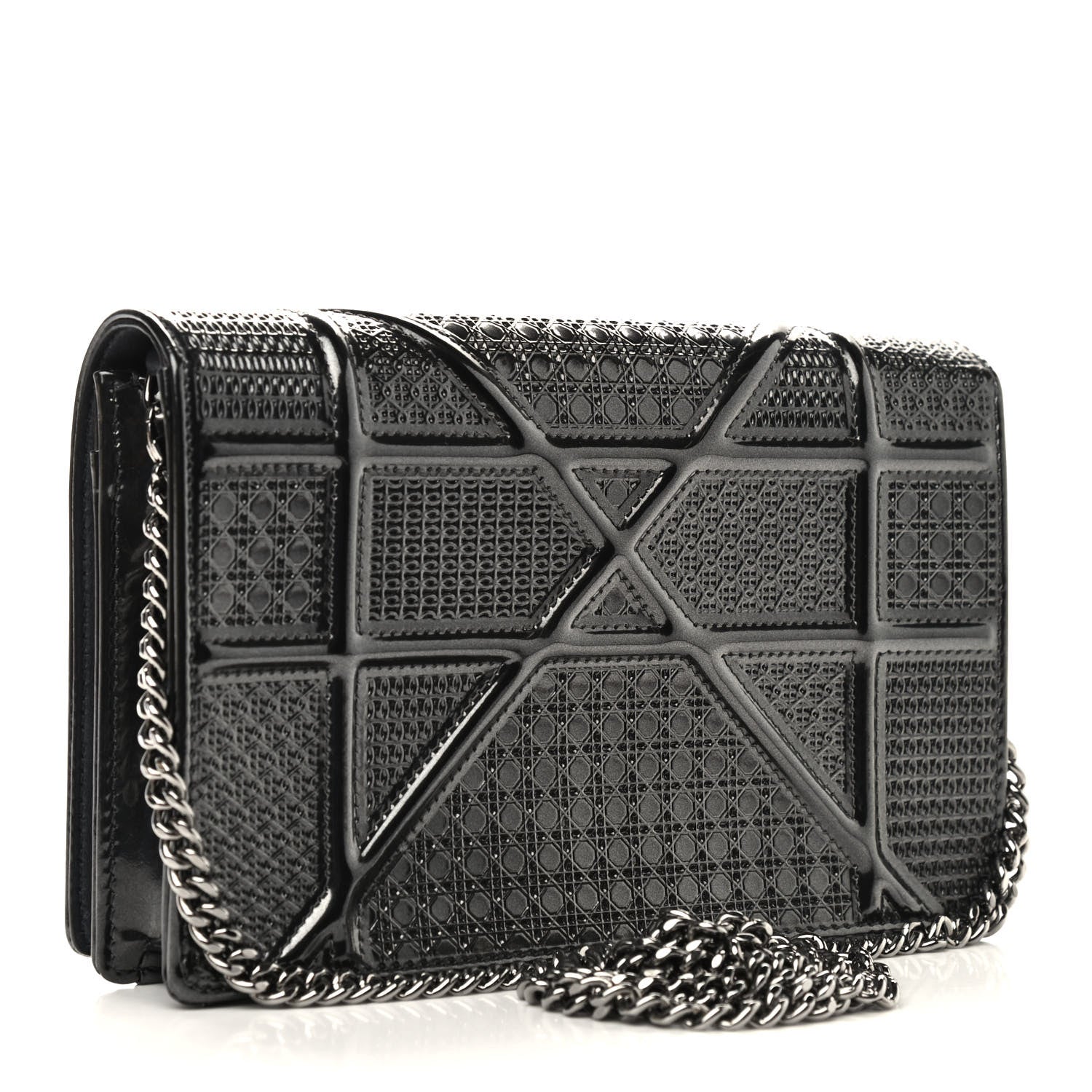 Christian Dior Metallic Patent Micro-Cannage Diorama Wallet on Chain Pouch Black 3 of 8