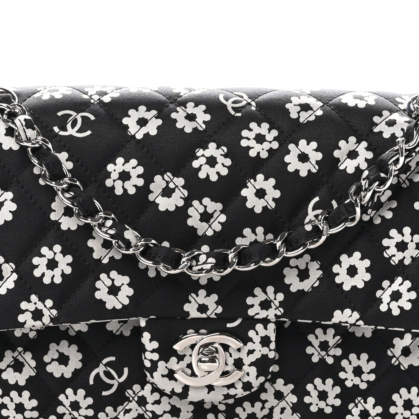 Canvas Floral Printed Quilted Medium Double Flap Black White