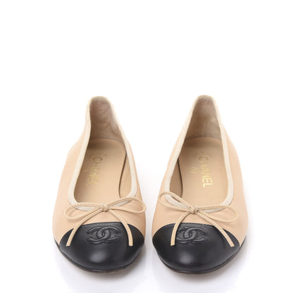 Chanel Lambskin Cap Toe CC Ballerina Flats 36 Beige Black 2 of 8