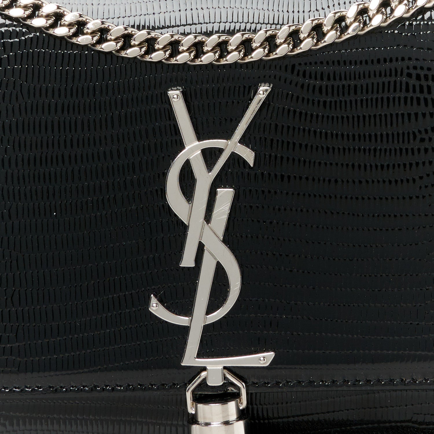 Saint Laurent Calfskin Lizard Embossed Small Classic Monogram Kate Tassel Satchel Black 9 of 11