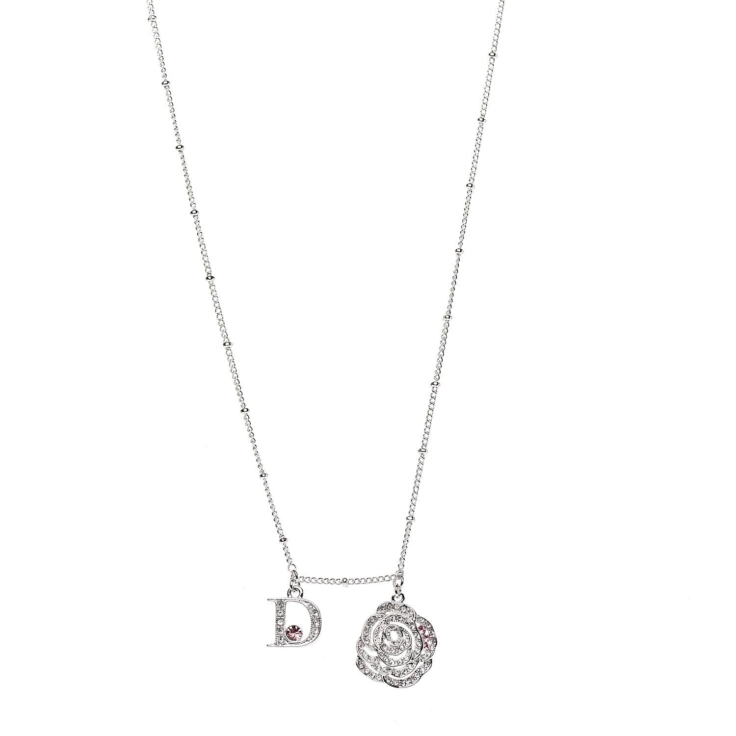 Christian Dior Metal Crystal Flower D Necklace Silver Pink 1 of 3
