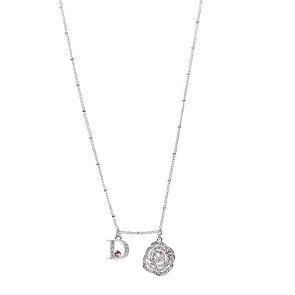 Christian Dior Metal Crystal Flower D Necklace Silver Pink 1 of 3
