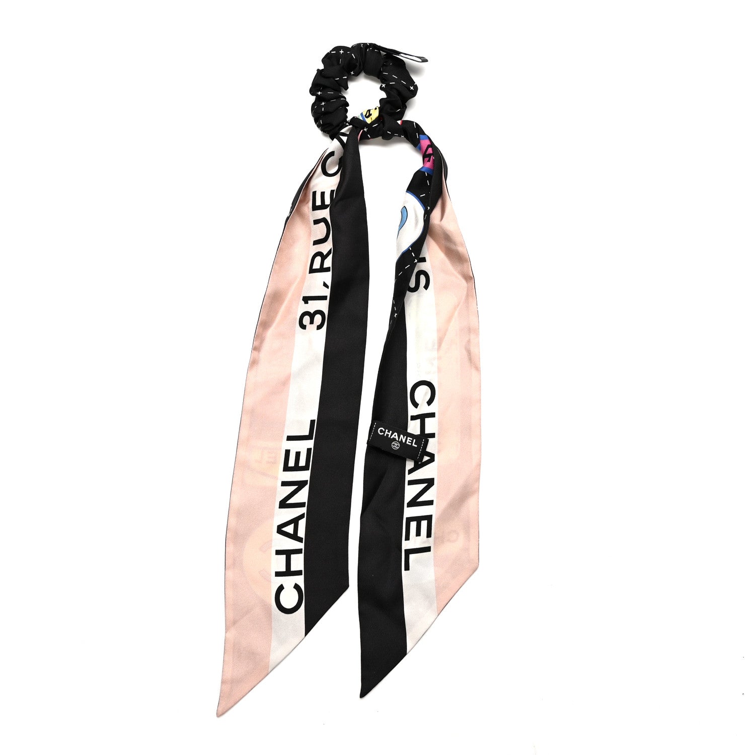 Chanel Silk CC Scrunchie and Scarf Hair Tie Set Black Multicolor