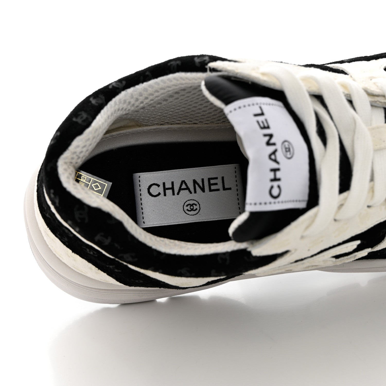 Chanel Nylon Suede Calfskin Printed CC Sneakers 39.5 White Black 7 of 13