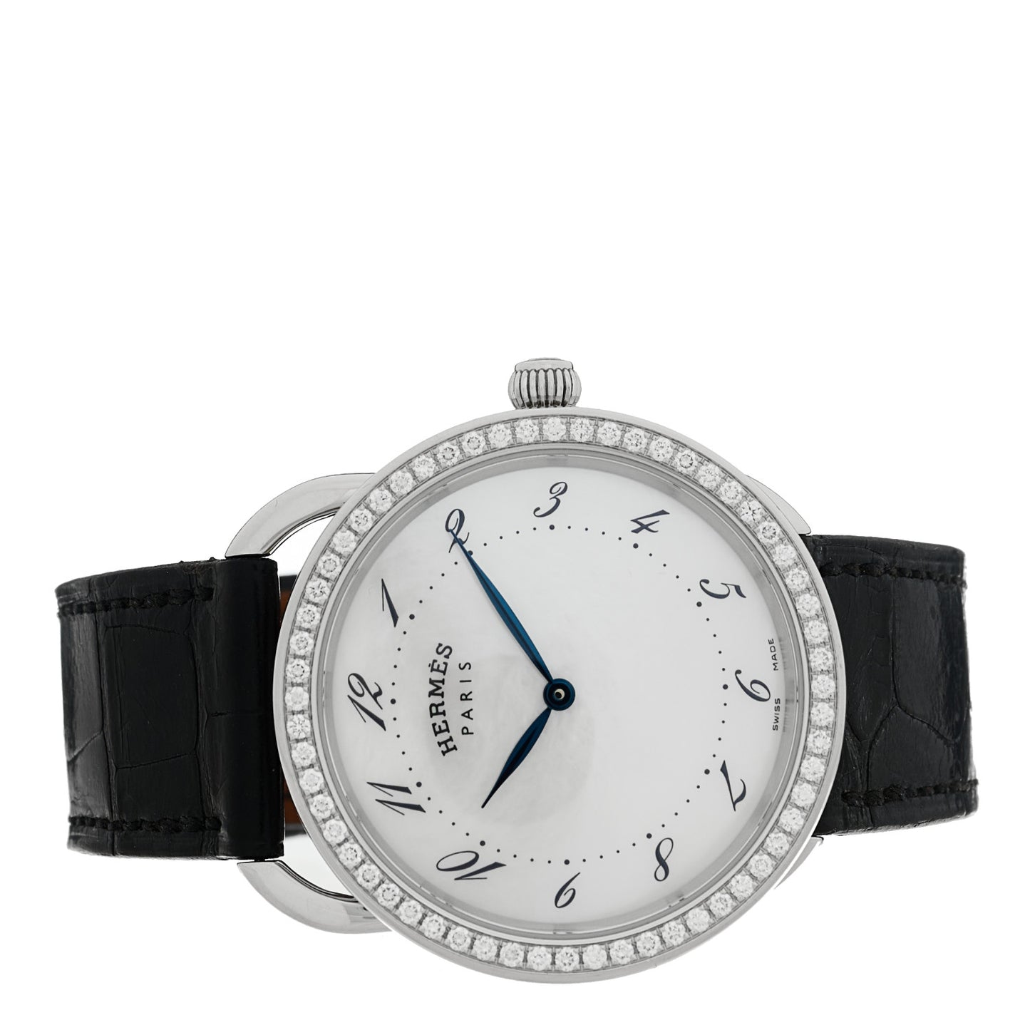 Stainless Steel Alligator Diamond Bezel Mother of Pearl 38mm Arceau Quartz Watch Noir