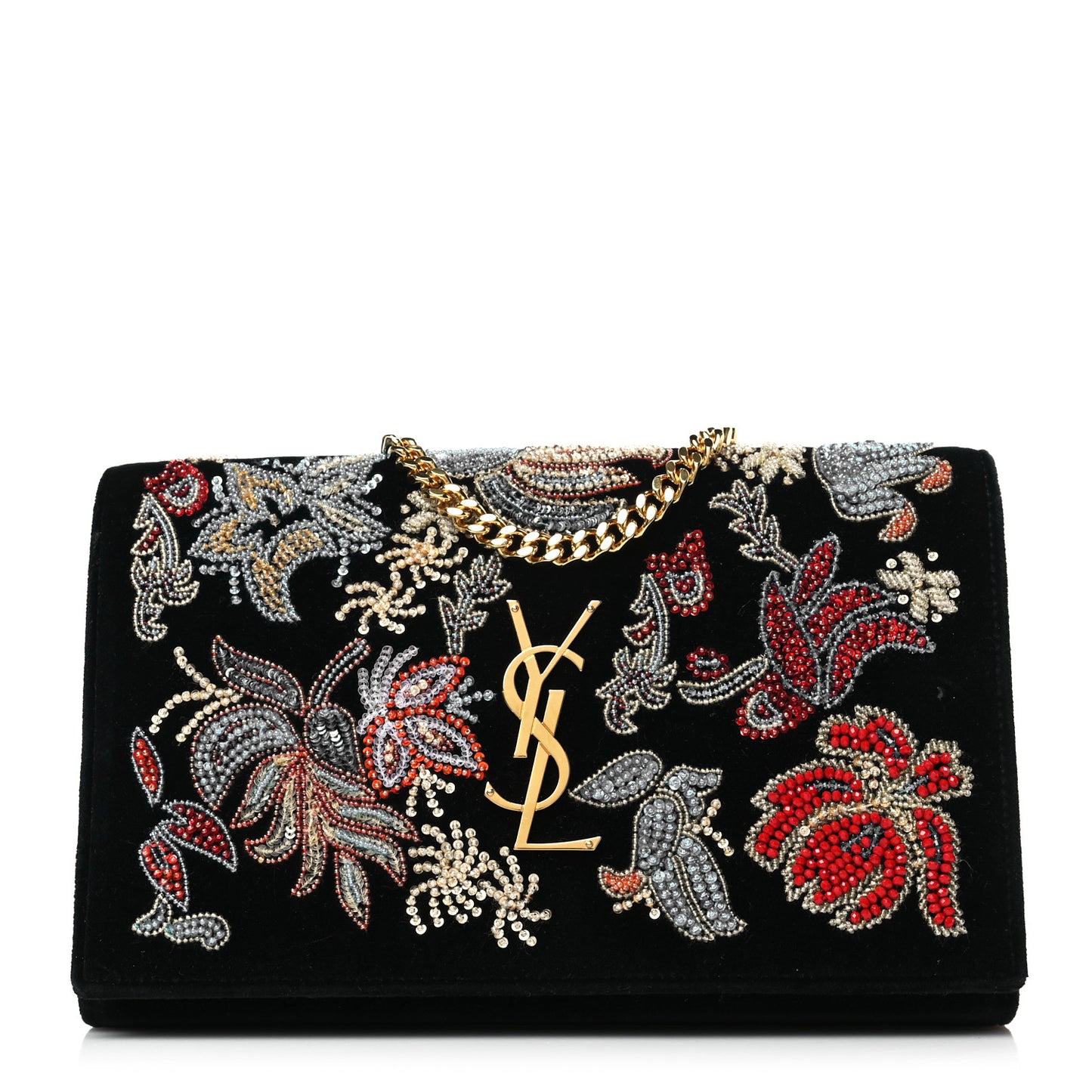 Suede Embroidered Birds Monogram Chain Wallet Black