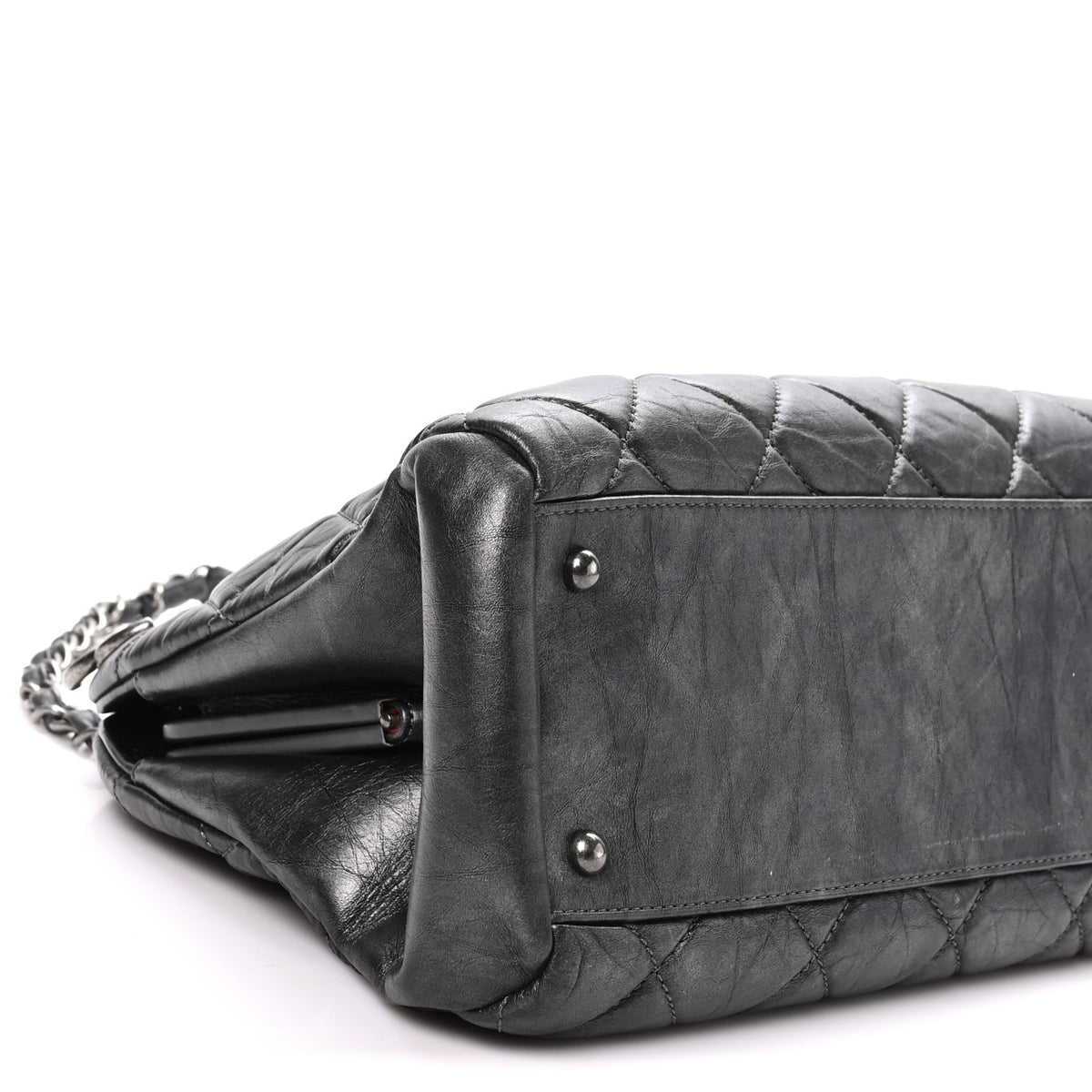 Iridescent Aged Calfskin Quilted Large Mademoiselle Bowling Bag Grey