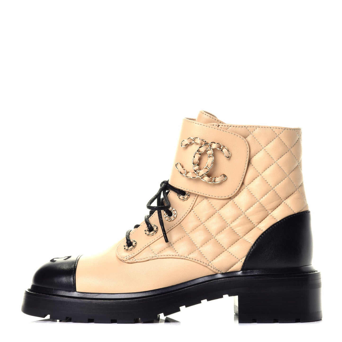 Lambskin Calfskin Quilted Lace Up Combat Boots 39.5 Beige Black