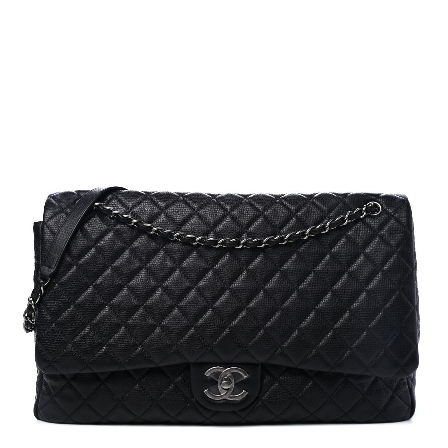 Calfskin Quilted XXL Travel Flap Bag Black