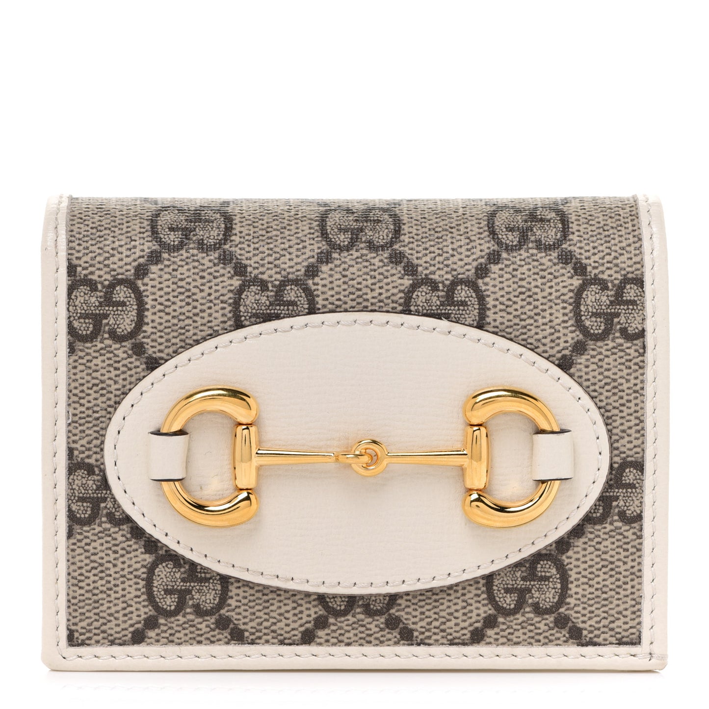 GG Supreme Monogram Azalea Calfskin Horsebit 1955 Card Case Wallet Beige Ebony Mystic White