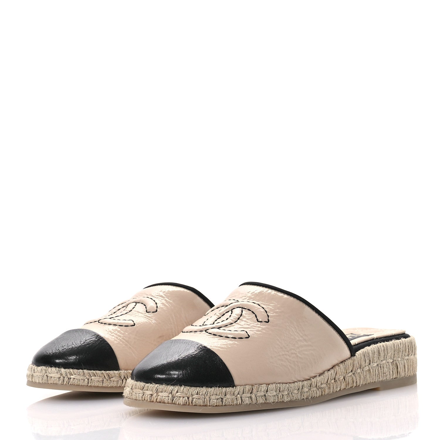 Chanel Crumpled Goatskin CC Espadrille Mules 39 Beige Black 4 of 10