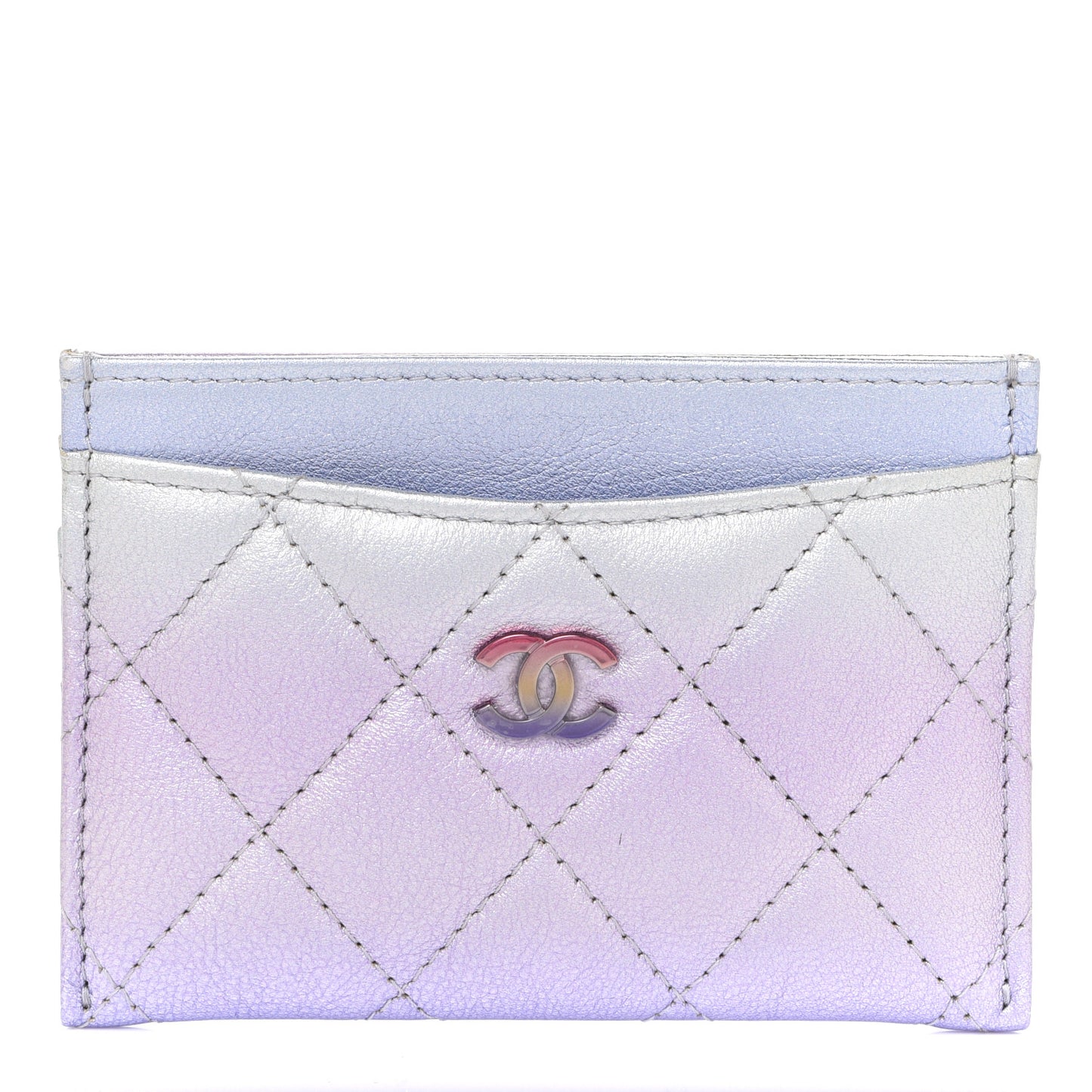 Gradient Metallic Calfskin Quilted Card Holder Silver Blue Yellow Purple