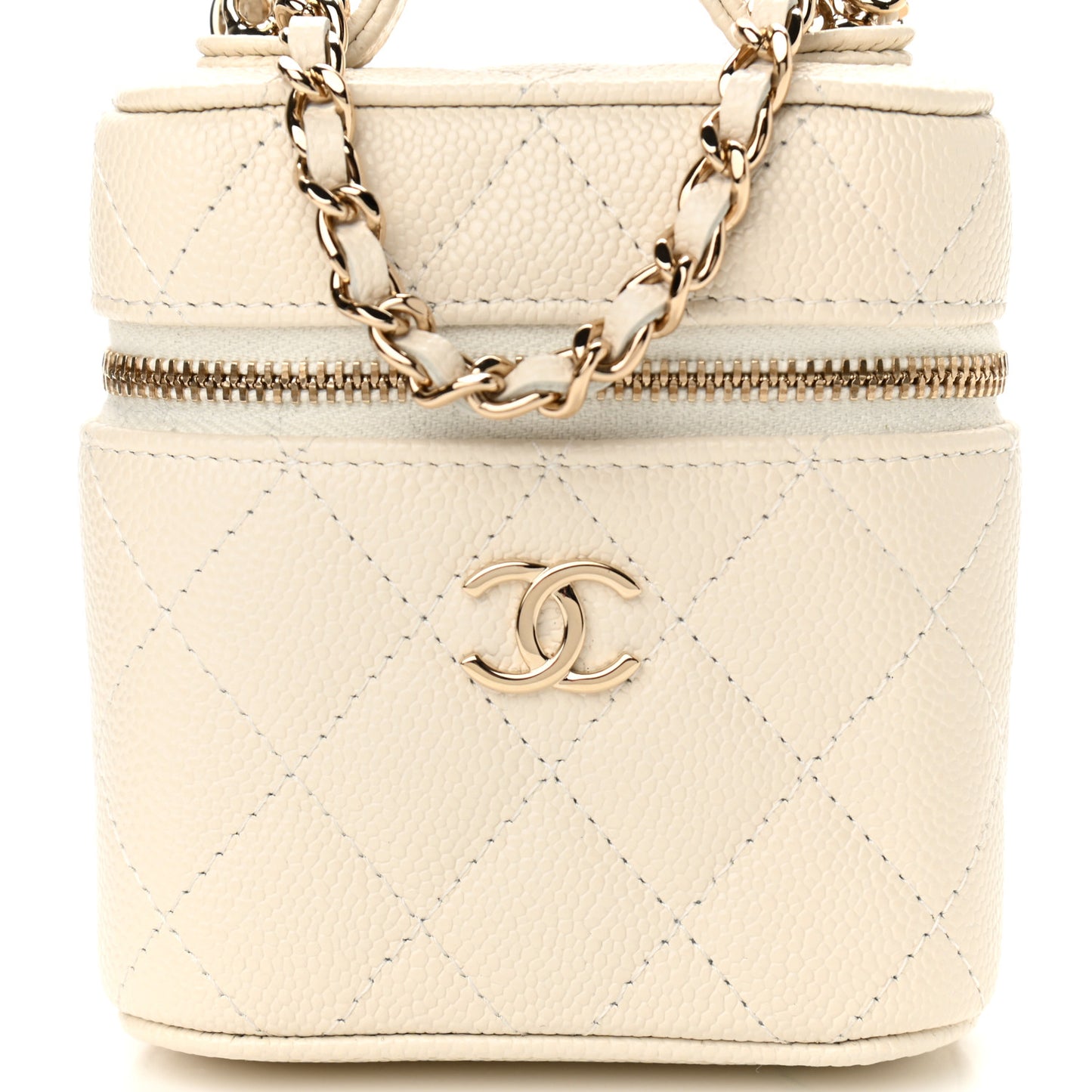 Caviar Quilted Small Handle With Care Vanity Case With Chain White
