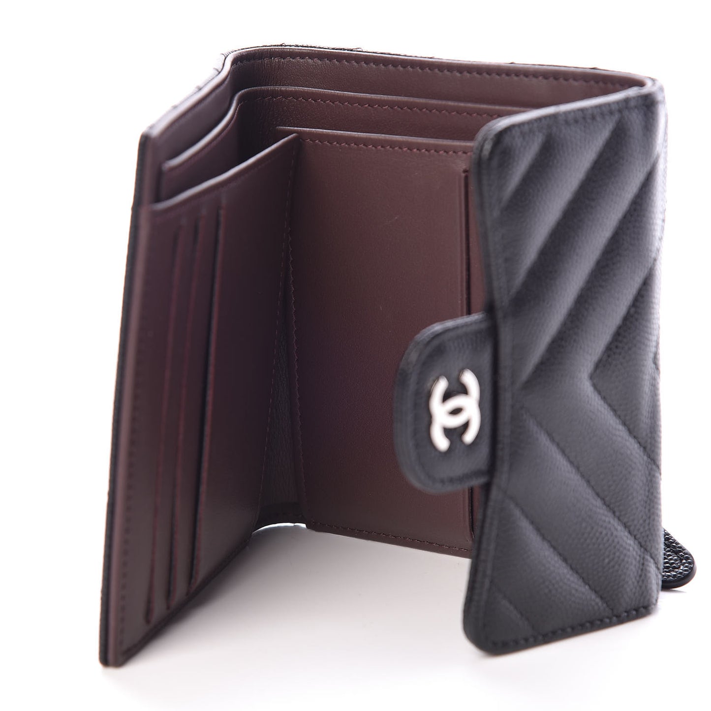 Caviar Chevron Quilted Compact Flap Wallet Black