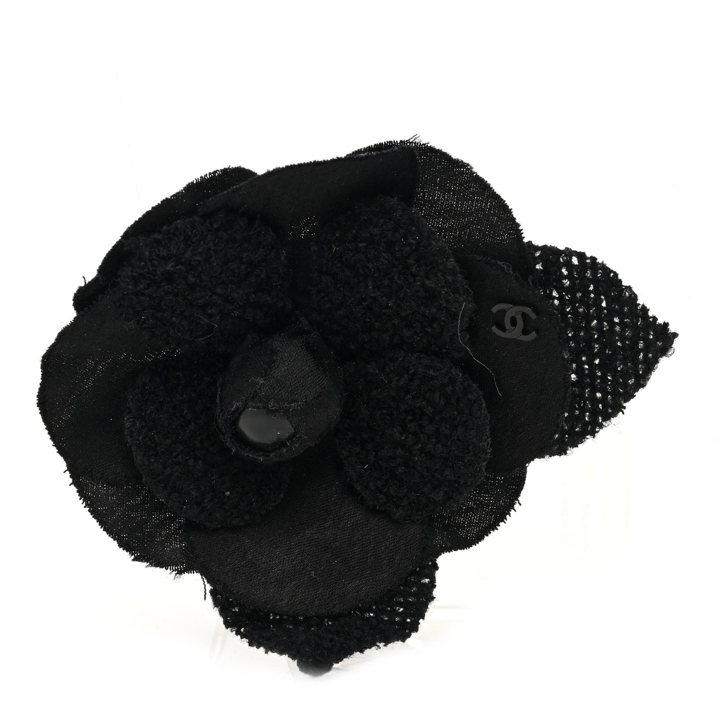 Tweed Fabric Camellia Pin Brooch Black