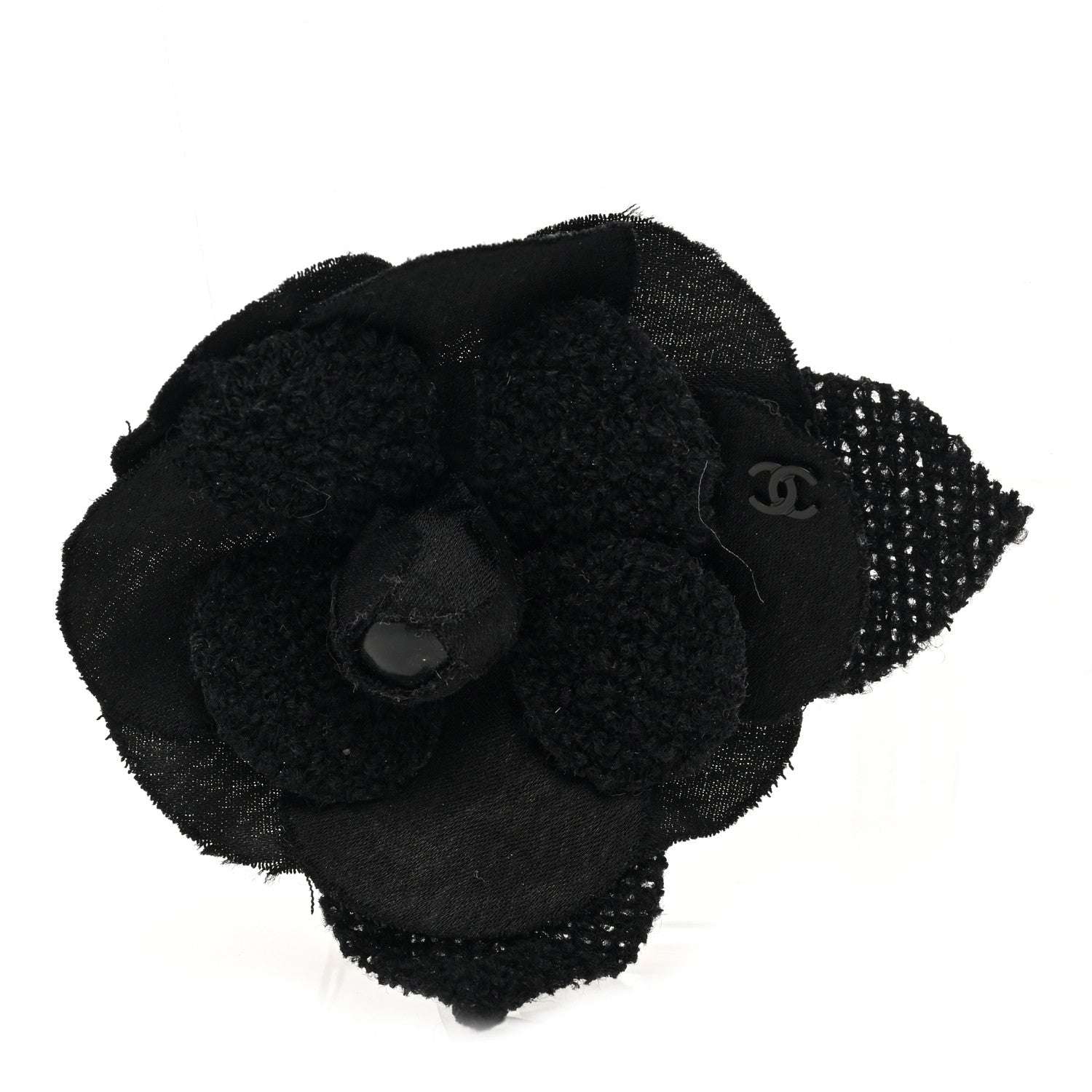 Chanel Tweed Fabric Camellia Pin Brooch Black 1 of 3