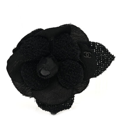Chanel Tweed Fabric Camellia Pin Brooch Black 1 of 3