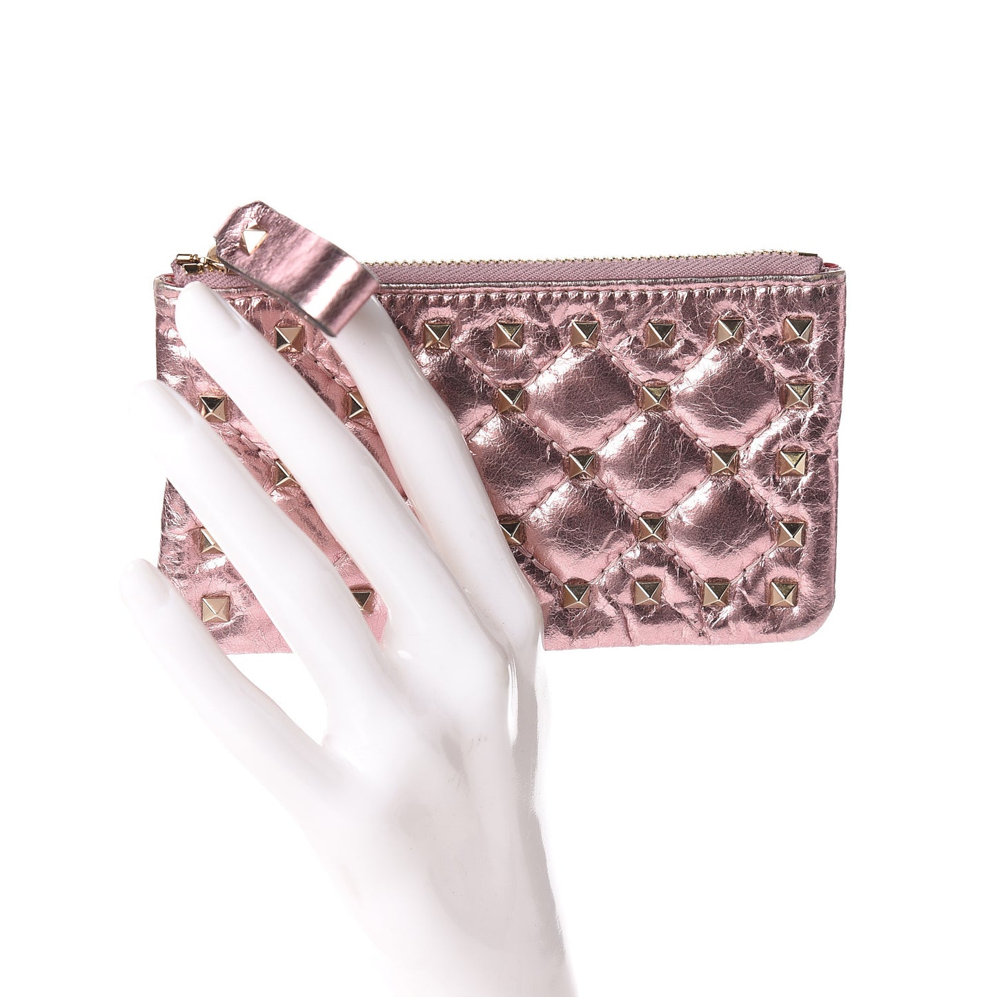 Metallic Wrinkled Lambskin Rockstud Spike Zip Coin Purse Lipstick