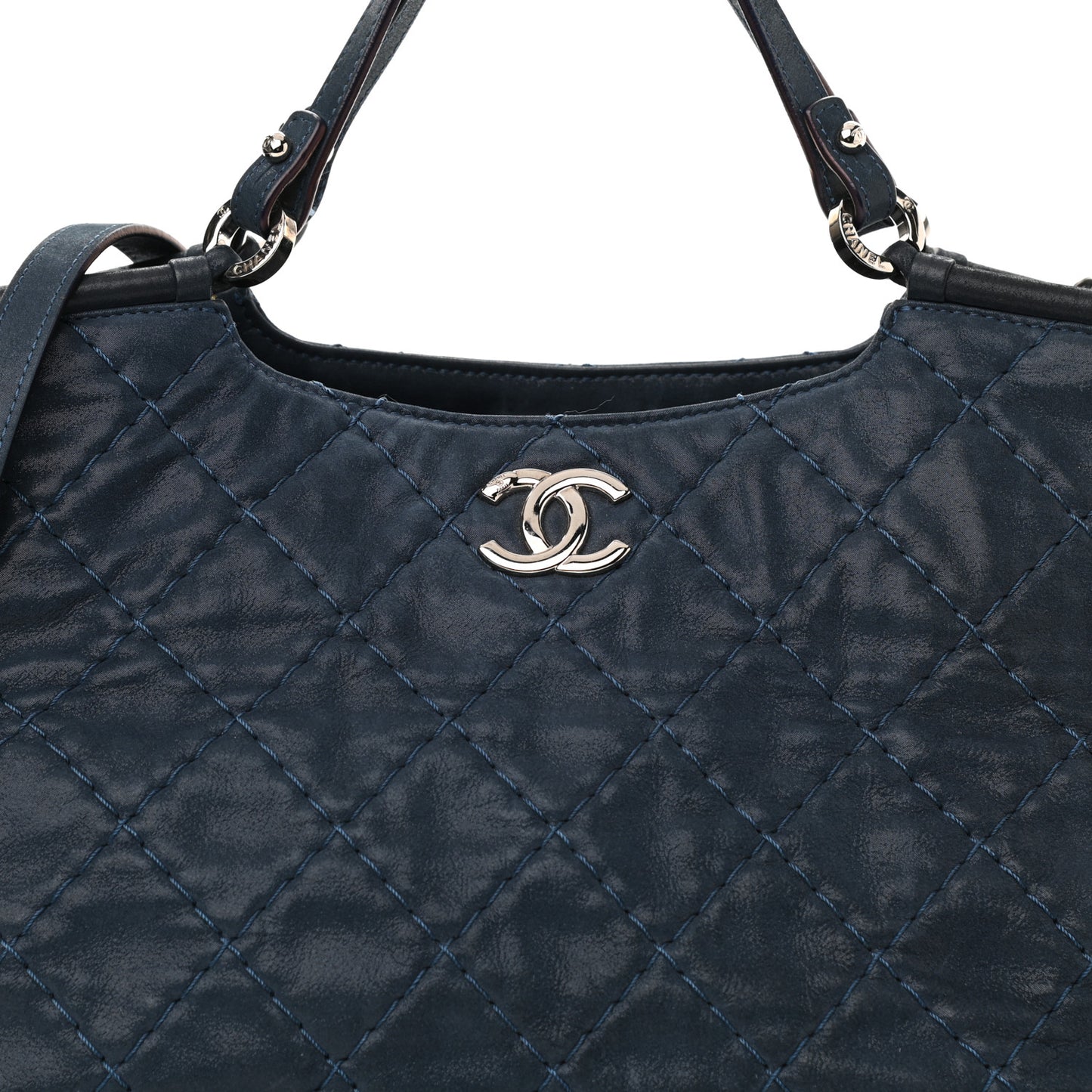 Iridescent Calfskin Quilted Small Sea Hit Tote Navy
