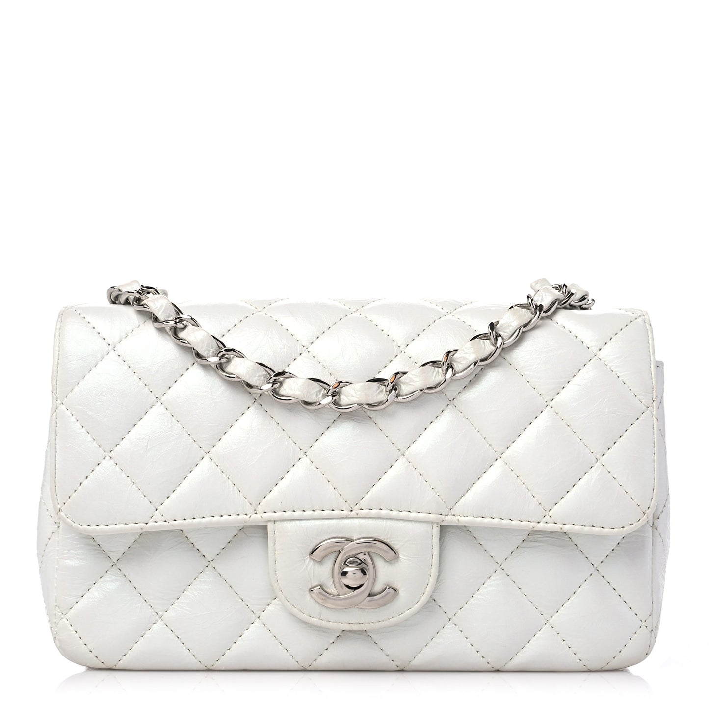Iridescent Crumpled Calfskin Quilted Mini Rectangular Flap White