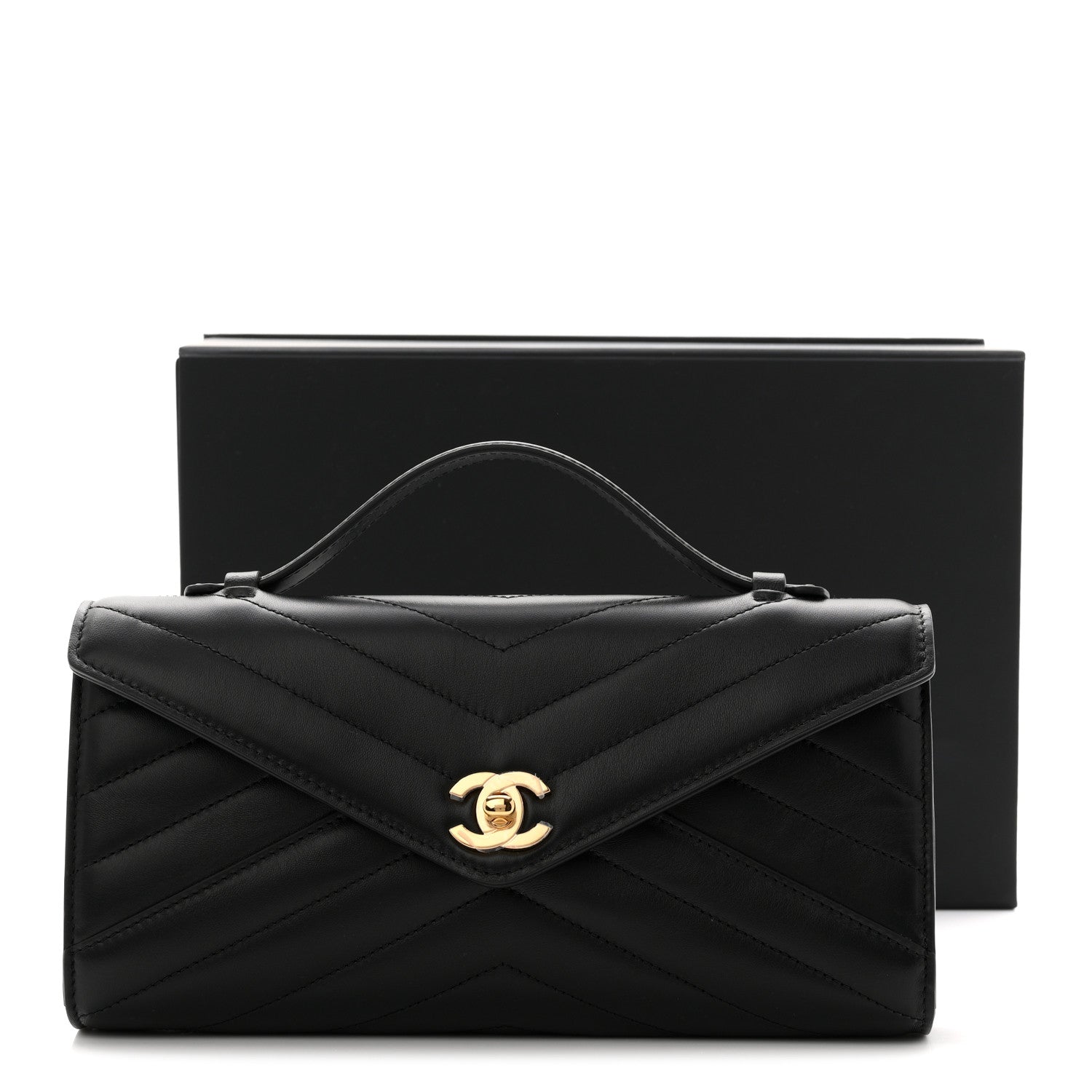 シャネル Chanel Lambskin Chevron Quilted Top Handle Envelope Clutch Black