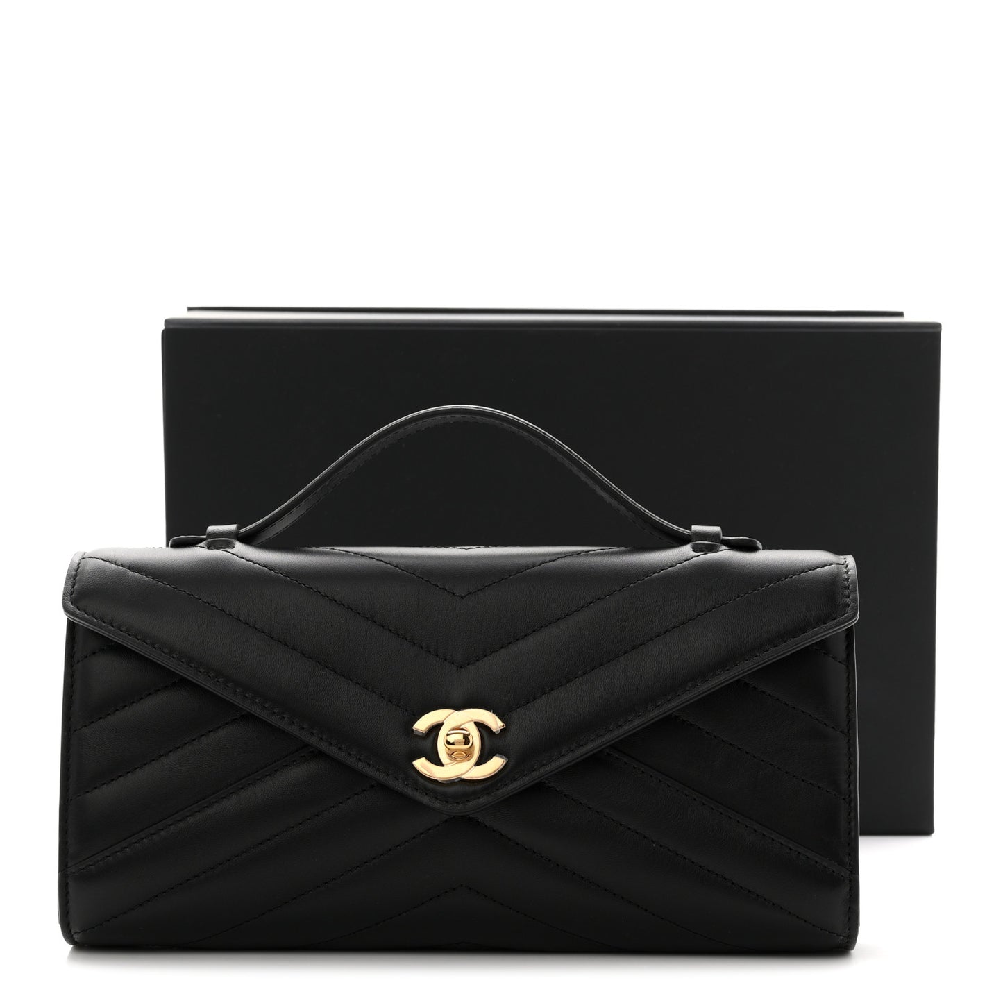Lambskin Chevron Quilted Top Handle Envelope Clutch Black