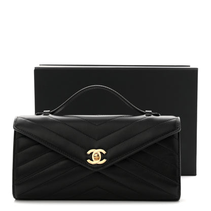 Chanel Lambskin Chevron Quilted Top Handle Envelope Clutch Black 11 of 11