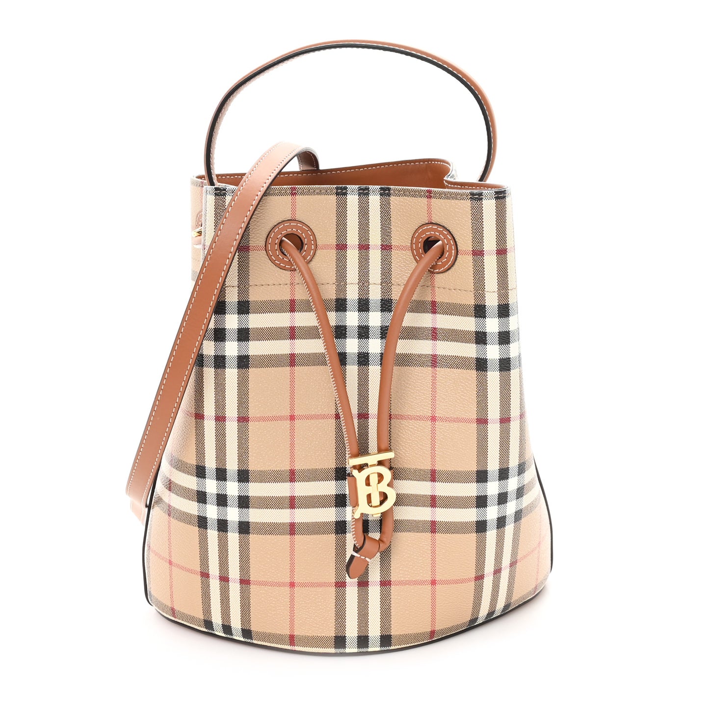 E-Canvas Vintage Check Small Drawstring Bucket Bag Briar Brown