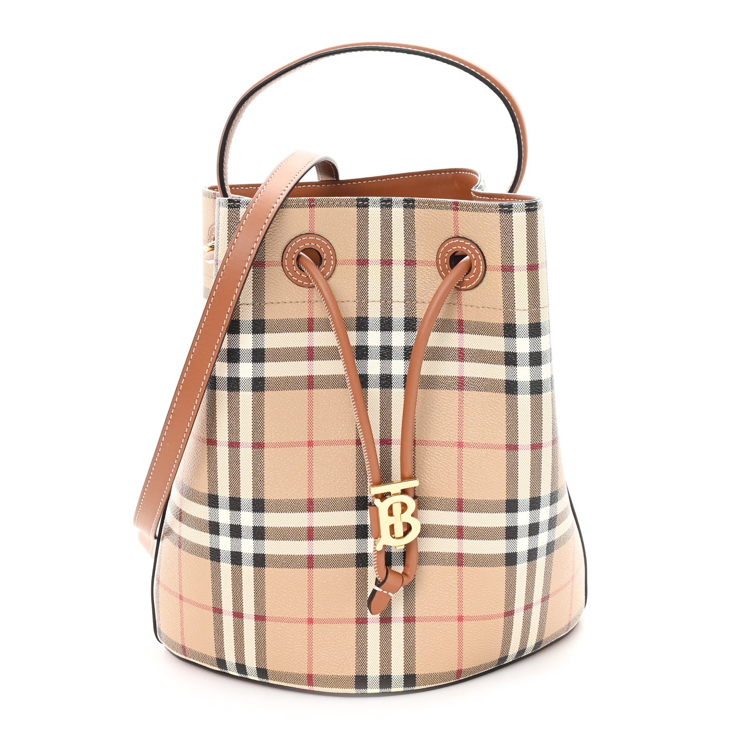 Burberry E-Canvas Vintage Check Small Drawstring Bucket Bag Briar Brown 1 of 9