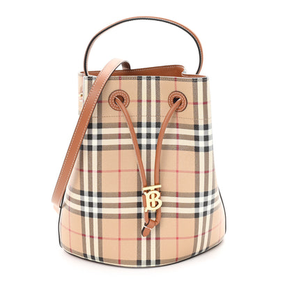 Burberry E-Canvas Vintage Check Small Drawstring Bucket Bag Briar Brown 1 of 9