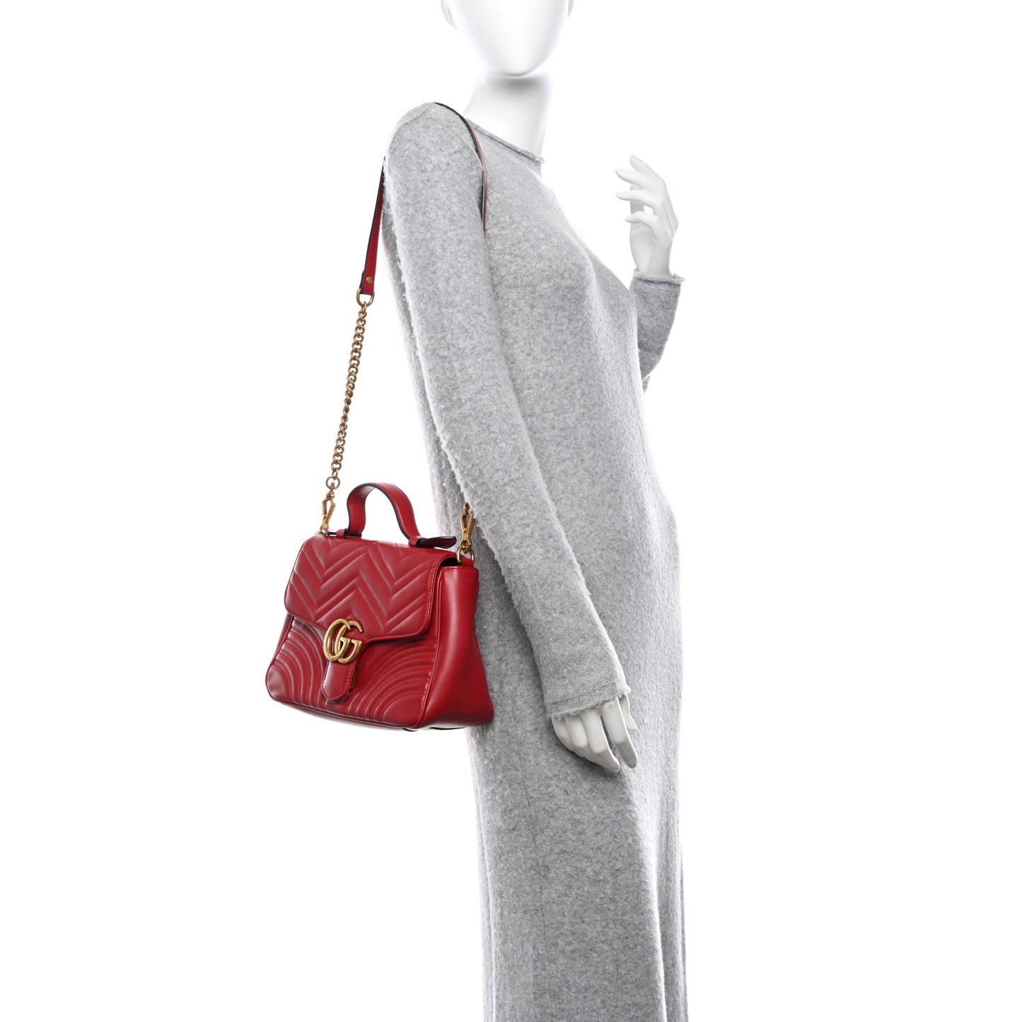 Calfskin Matelasse Small GG Marmont Top Handle Shoulder Bag Hibiscus Red