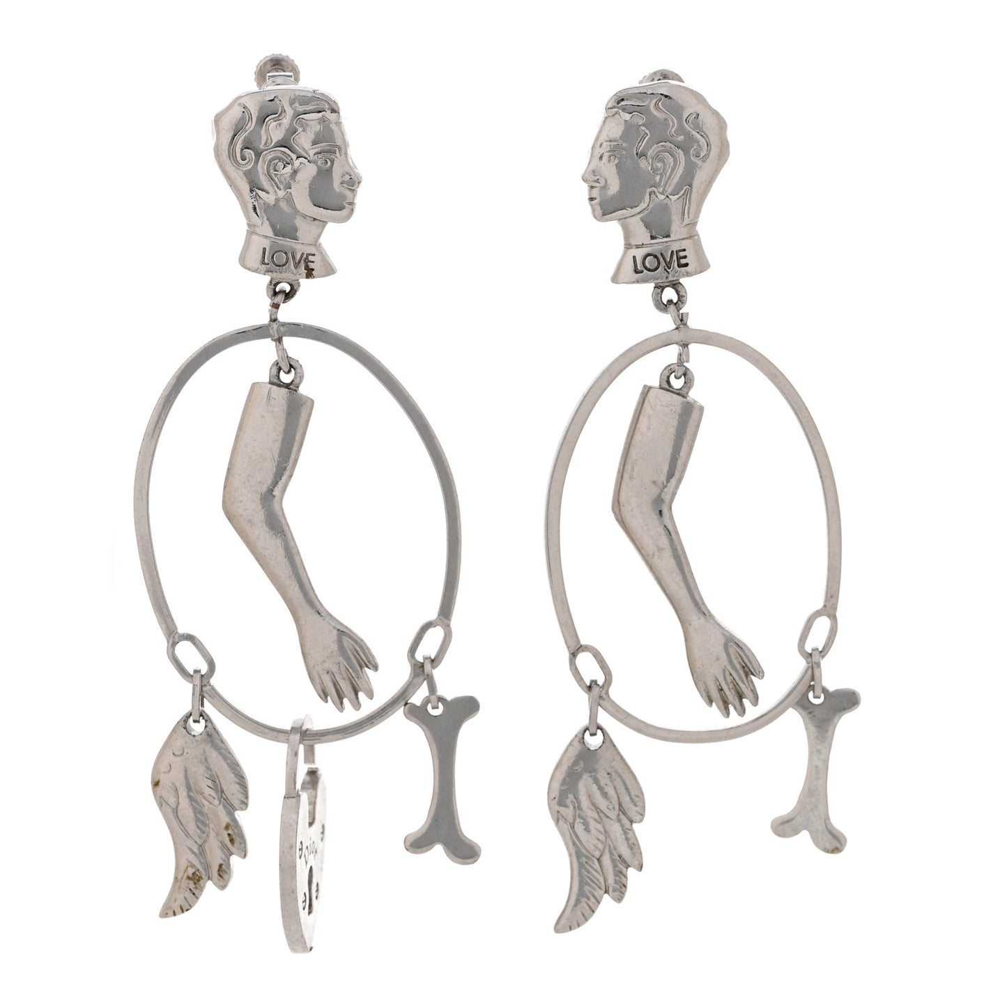 Metal Multi Charm Oval Clip On Drop Earrings Silver