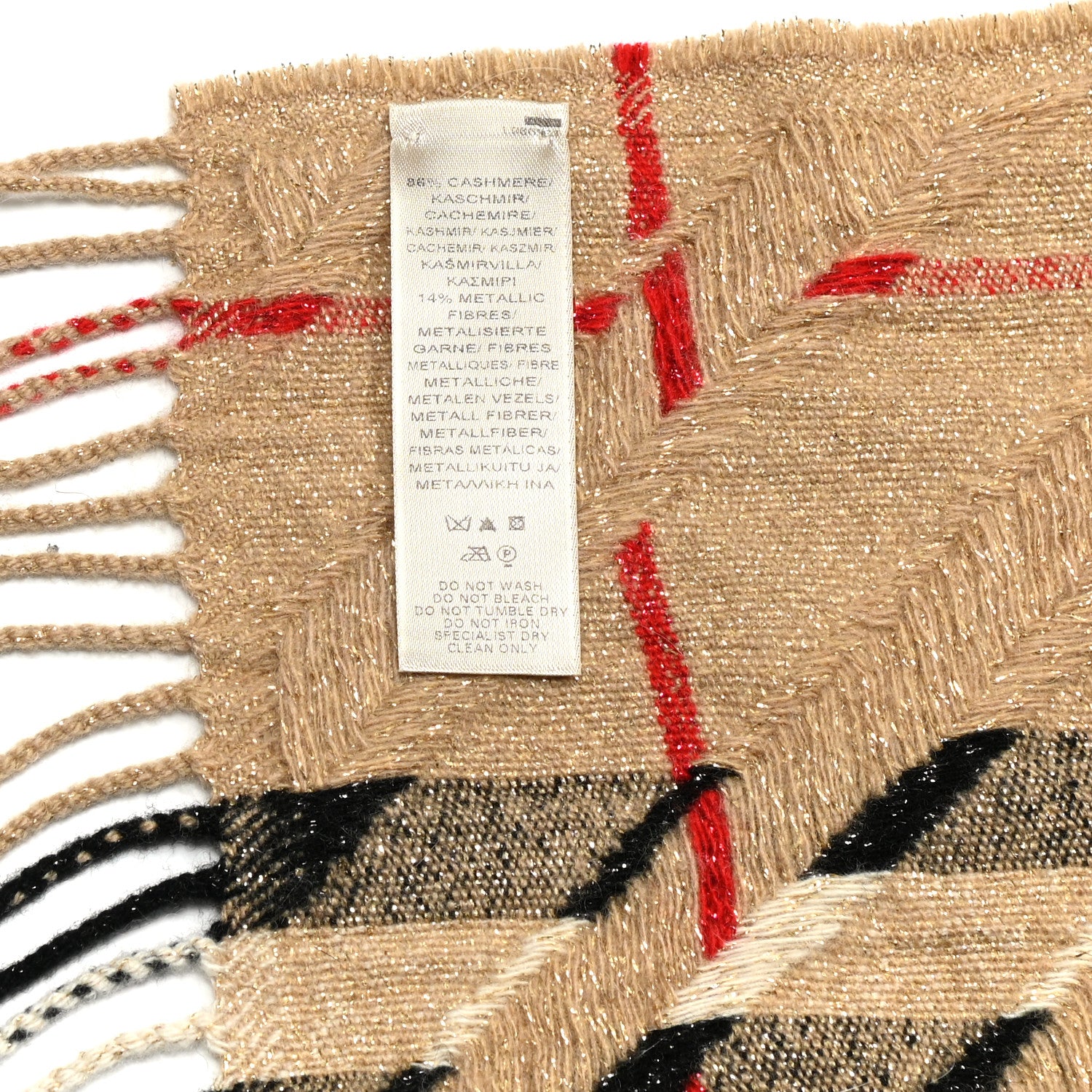 Burberry Metallic Cashmere Giant Check Fringe Scarf Camel 8 of 10