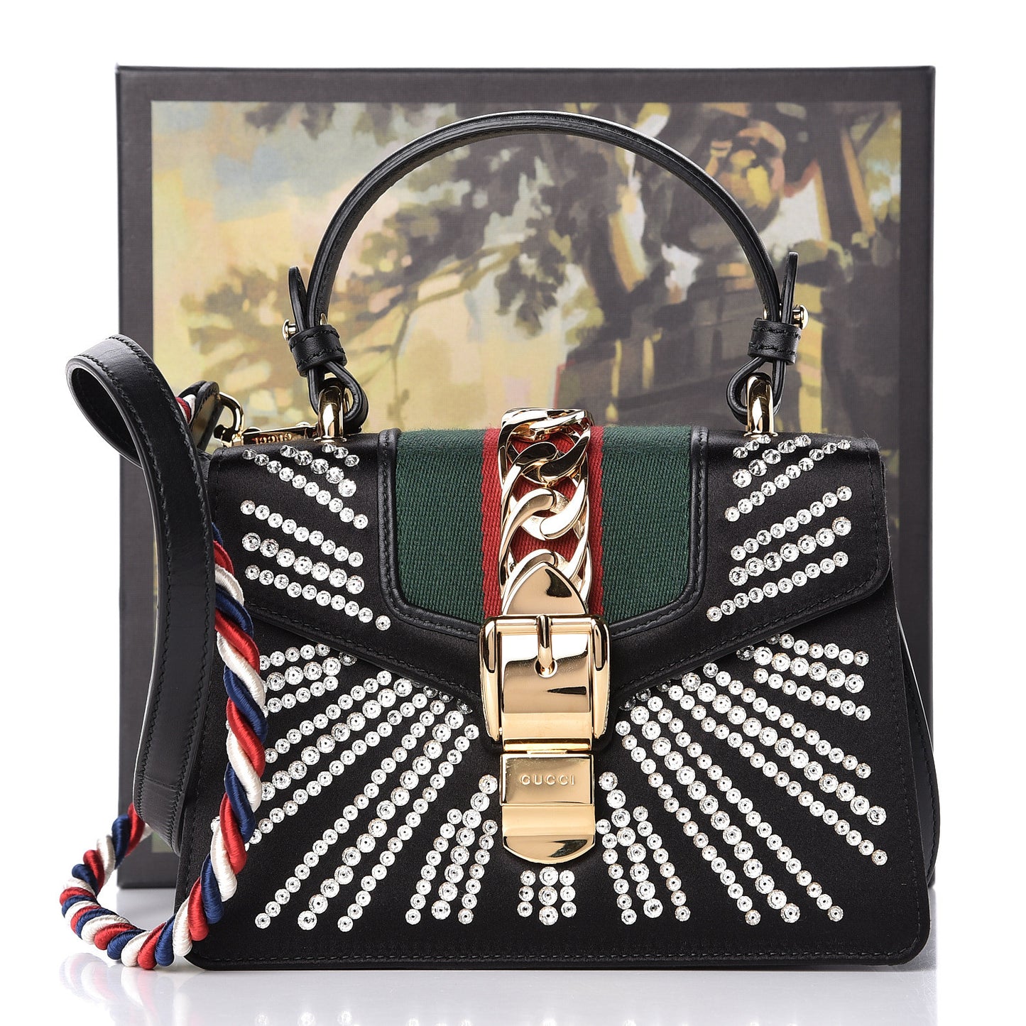 Satin Crystal Mini Sylvie Top Handle Bag Black