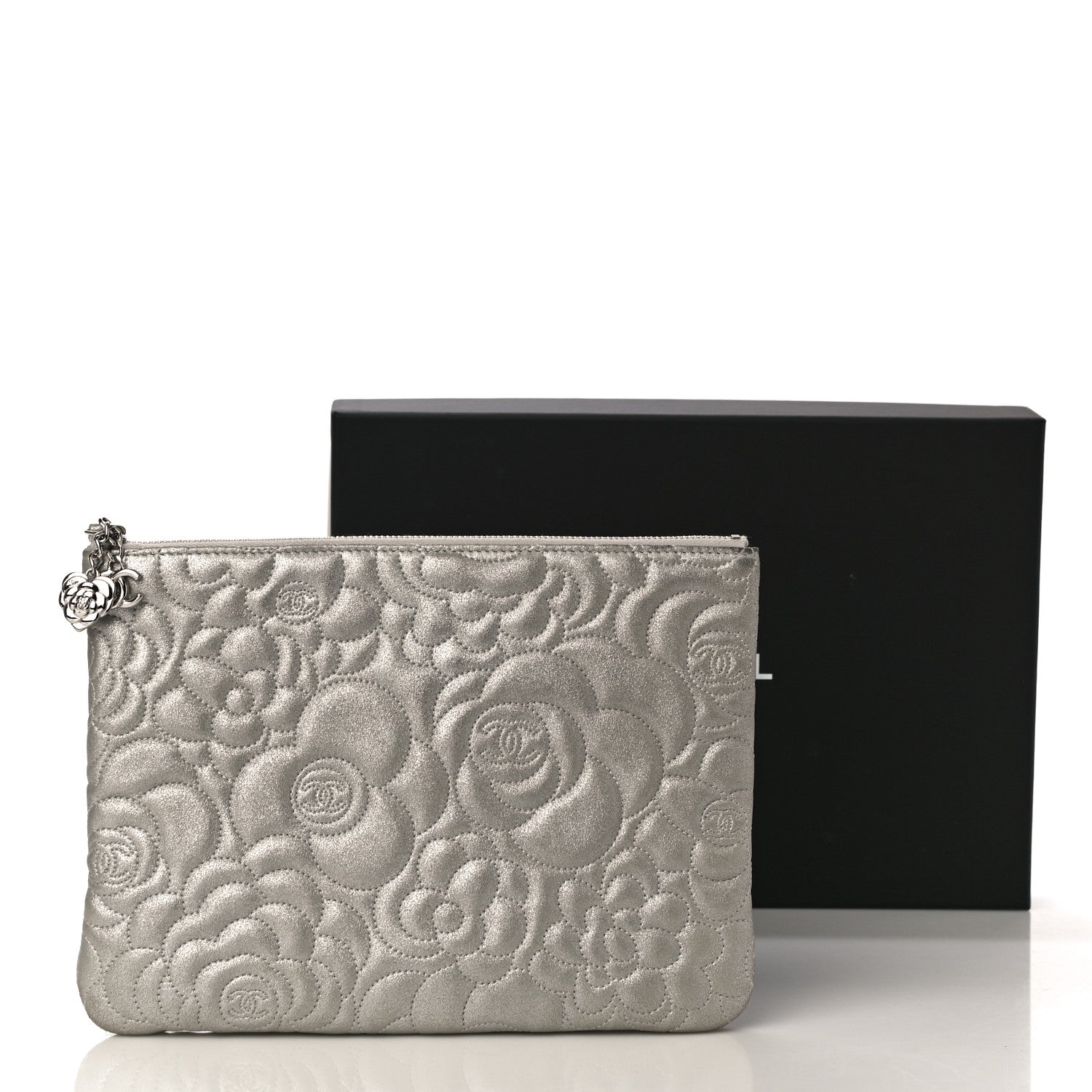 Chanel Goatskin Camellia Stitched Medium Cosmetic Case Silver 11 of 11
