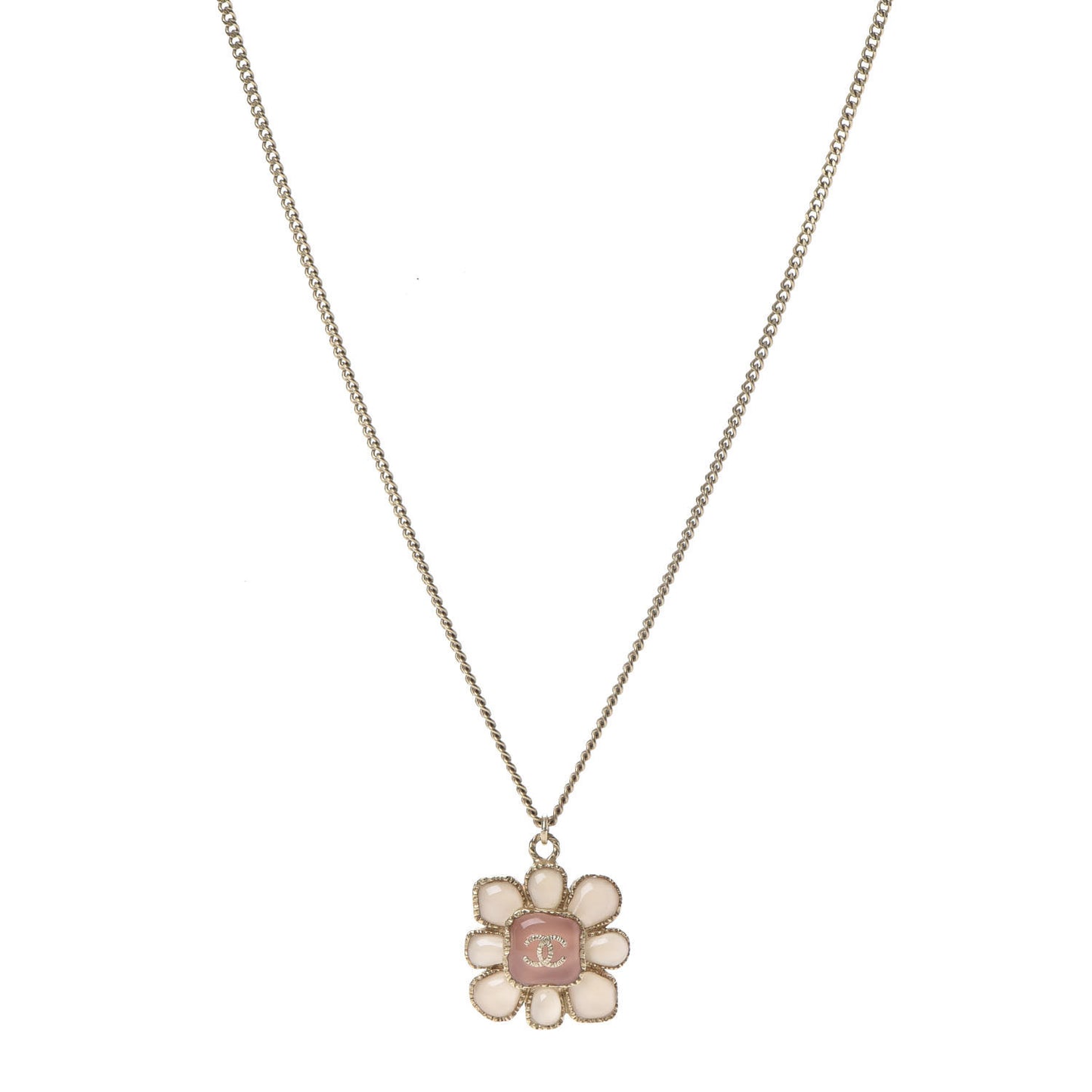 Gripoix Poured Glass CC Korean Blossom Pendant Necklace Pink Gold