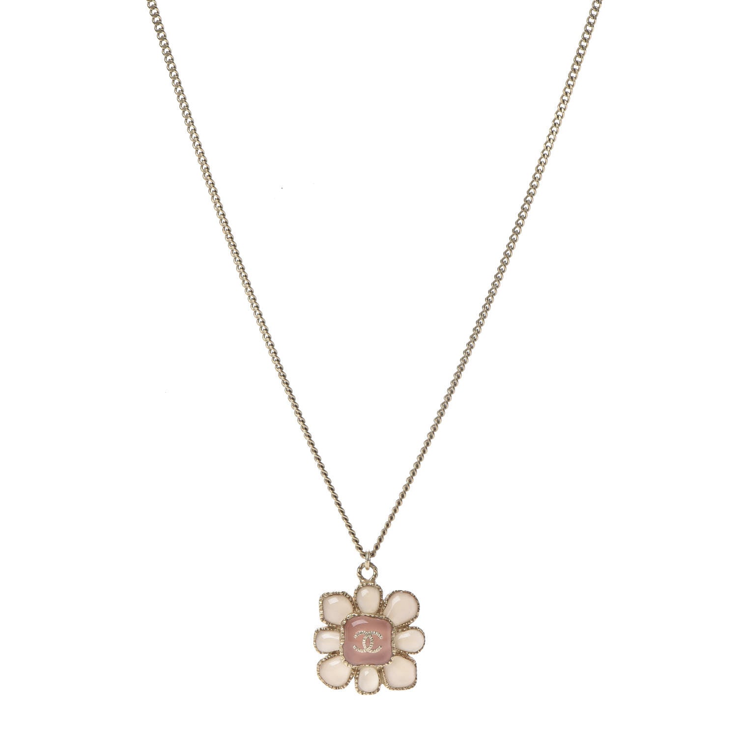 Chanel Gripoix Poured Glass CC Korean Blossom Pendant Necklace Pink Gold 1 of 6