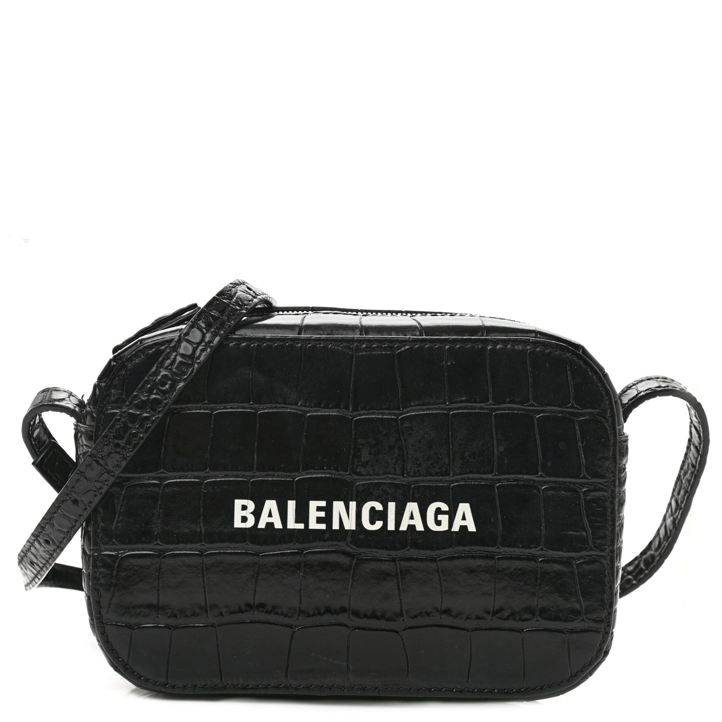 Shiny Calfskin Logo Crocodile Embossed XS Everyday Camera Bag Black